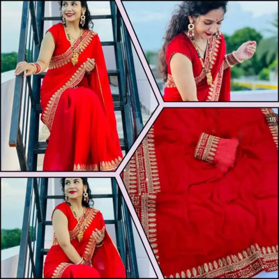 LAKHADATARI PRINTS Embroidered Bollywood Georgette, Silk Blend Saree(Red)