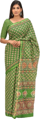 Kiaaron Printed Ikkat Pure Cotton Saree(Green)