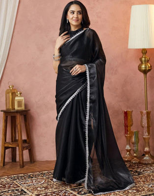 Samah Dyed, Embellished Bollywood Jimmy choo, Tissue Saree(Black)