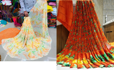 HouseOfCommon Self Design Daily Wear Georgette Saree(Pack of 2, Orange, White)
