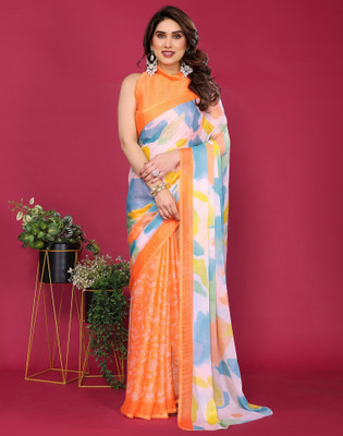 Divastri Printed Daily Wear Chiffon Saree(Orange, Multicolor)