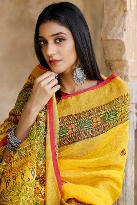 BAPS Digital Print Bollywood Cotton Linen Saree(Yellow, Multicolor)