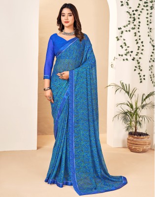 Satrani Printed, Geometric Print, Embellished Bollywood Chiffon, Georgette Saree(Dark Blue, Blue)