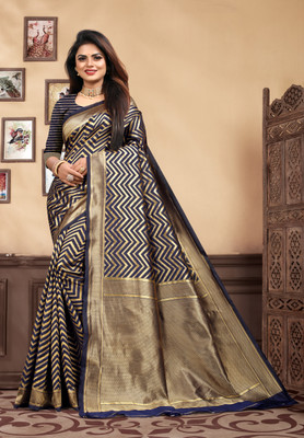 Ira Impex Woven Banarasi Silk Blend Saree(Blue)