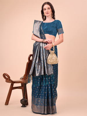Tasrika Woven Kanjivaram Cotton Silk Saree(Blue)