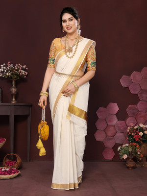 Gugaliya Solid/Plain Kasavu Pure Cotton Saree(Multicolor)