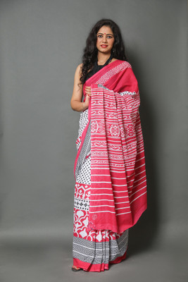 NIKHILAM Printed Daily Wear Pure Cotton Saree(White)