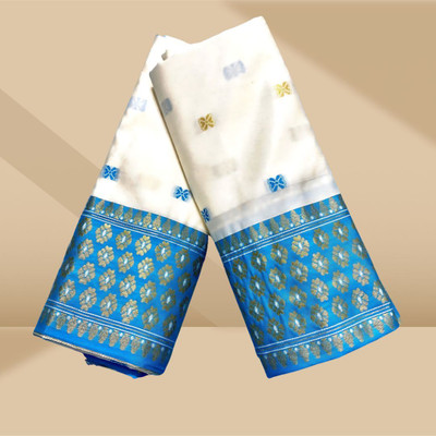 KHATI AXOMIYA Self Design Mekhela Chador Silk Blend Saree(Light Blue)