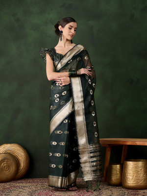Sangria Woven Saree with Attached Blouse Organza Saree(Green)