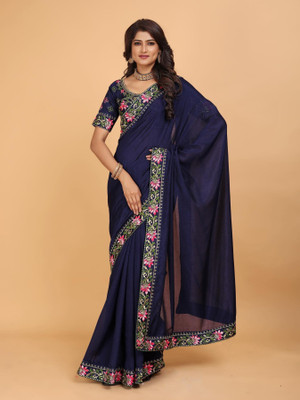DRIZOMIZ Embroidered Bollywood Cotton Silk Saree(Dark Blue)