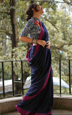 Sandhyatara Solid/Plain Handloom Cotton Blend Saree(Dark Blue)