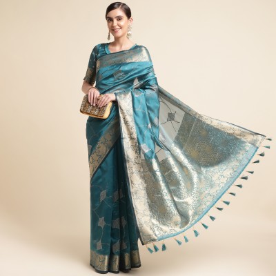 RekhaManiyar Woven Banarasi Silk Blend Saree(Light Blue)