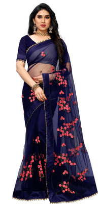 RITYANUSAR Embroidered Bollywood Net Saree(Dark Blue)