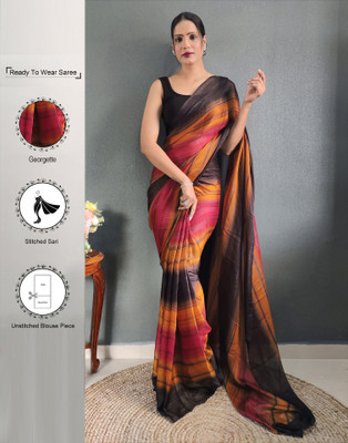 Satrani Geometric Print, Printed Bollywood Georgette Saree(Yellow, Maroon, Black)