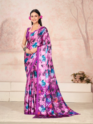 GARDEN VARELI Floral Print Bollywood Crepe, Satin Saree(Purple)