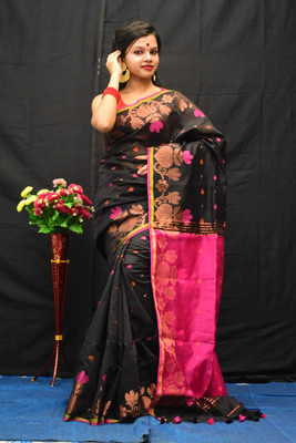 AMIT STORE Self Design Handloom Cotton Blend Saree(Black)