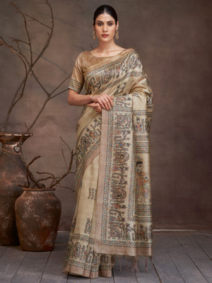 Tasrika Printed Banarasi Cotton Silk Saree(Beige)
