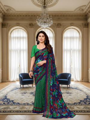 SmittenSmit Printed Bollywood Georgette Saree(Dark Blue, Green)