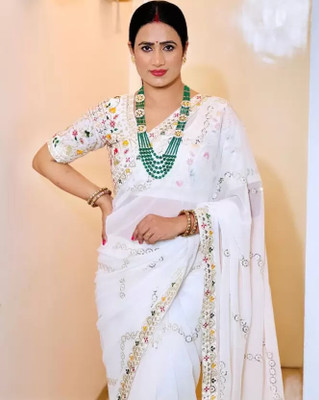 QUEDDY'S Embroidered Bollywood Georgette Saree(White)
