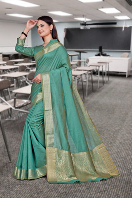 Feminista Self Design, Woven Daily Wear Cotton Silk Saree(Green)
