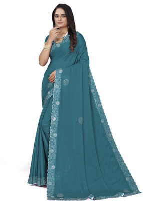 SHETH SHYAMALYO Solid/Plain, Embroidered Bollywood Georgette Saree(Blue)