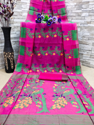 Vedant Vastram Self Design Jamdani Cotton Blend Saree(Pink)