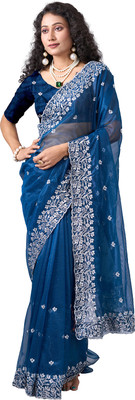 AVM SILK MILLS Solid/Plain Bollywood Net Saree(Blue)