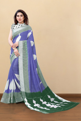 MIRCHI FASHION Printed, Blocked Printed Bollywood Cotton Blend Saree(Purple, White, Dark Green)