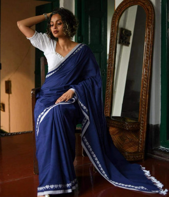 saree star Solid/Plain Handloom Cotton Blend Saree(Dark Blue)