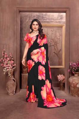 OM international Digital Print Bollywood Chiffon Saree(Black, Pink)