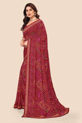 Kanooda Prints Printed Bandhani Georgette Saree(Maroon)