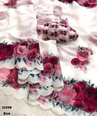 TAGALE Floral Print Chanderi Cotton Linen Saree(White)