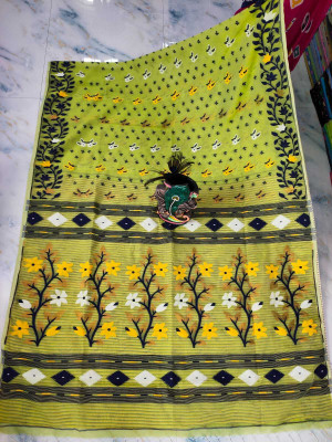 Damudar sarees Woven, Striped Jamdani Cotton Blend Saree(Light Green)