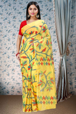 PuJoy Printed Handloom Pure Cotton Saree(Yellow)