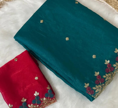Zari and Ziba Embroidered Bollywood Chiffon Saree(Blue)