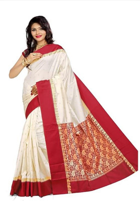Zara Creation Woven Kanjivaram Polyester Saree(White)