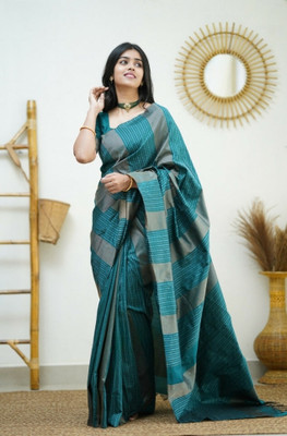 MIRMAN Striped Banarasi Pure Silk Saree(Light Blue)