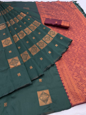 STYLEVEDA Woven Banarasi Cotton Silk Saree(Dark Green)