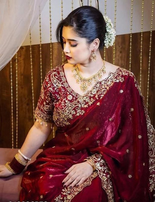 Vivan Fab Embroidered Bollywood Satin, Silk Blend Saree(Maroon)