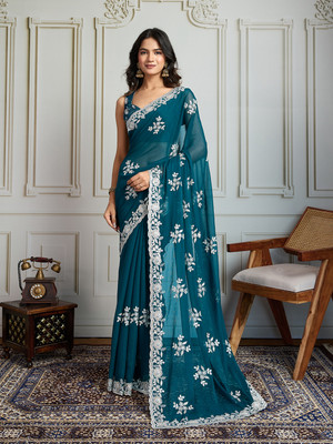 House of Pataudi Embroidered Saree with Attached Blouse Art Silk Saree(Blue)
