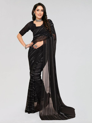 Moda Rapido Striped Daily Wear Satin Saree(Black)