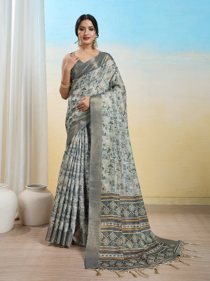 Divastri Digital Print, Printed, Woven Banarasi Tissue Saree(Grey)