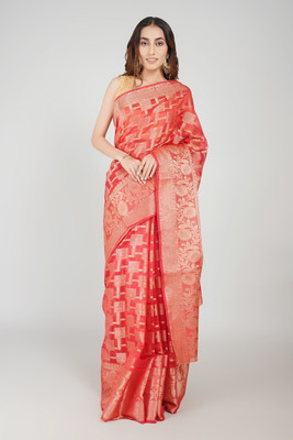 abirra Woven, Floral Print, Digital Print Banarasi Silk Blend Saree(Red)