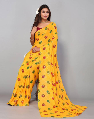 LAKHADATARI PRINTS Printed, Embellished, Striped Leheria Georgette, Chiffon Saree(Yellow)