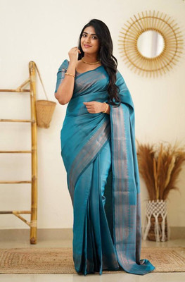 Flosive Striped Banarasi Pure Silk Saree(Blue)
