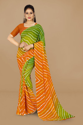 Anand Sarees Printed, Striped Daily Wear Georgette Saree(Green, Orange)