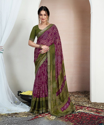 Samah Printed, Embellished Bandhani Chiffon, Georgette Saree(Green, Purple)