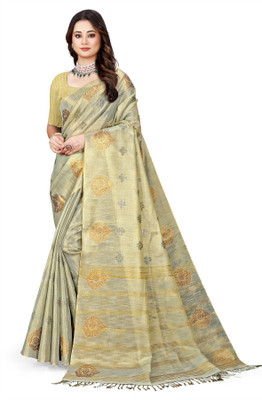 Owlsky Woven Banarasi Linen Saree(Yellow, Grey)
