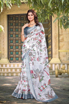 PHEASANT Digital Print Bollywood Cotton Linen Saree(White, Grey)