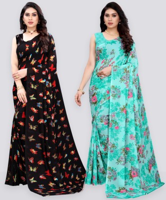 Samah Geometric Print, Printed Bollywood Georgette Saree(Pack of 2, Blue, Black)